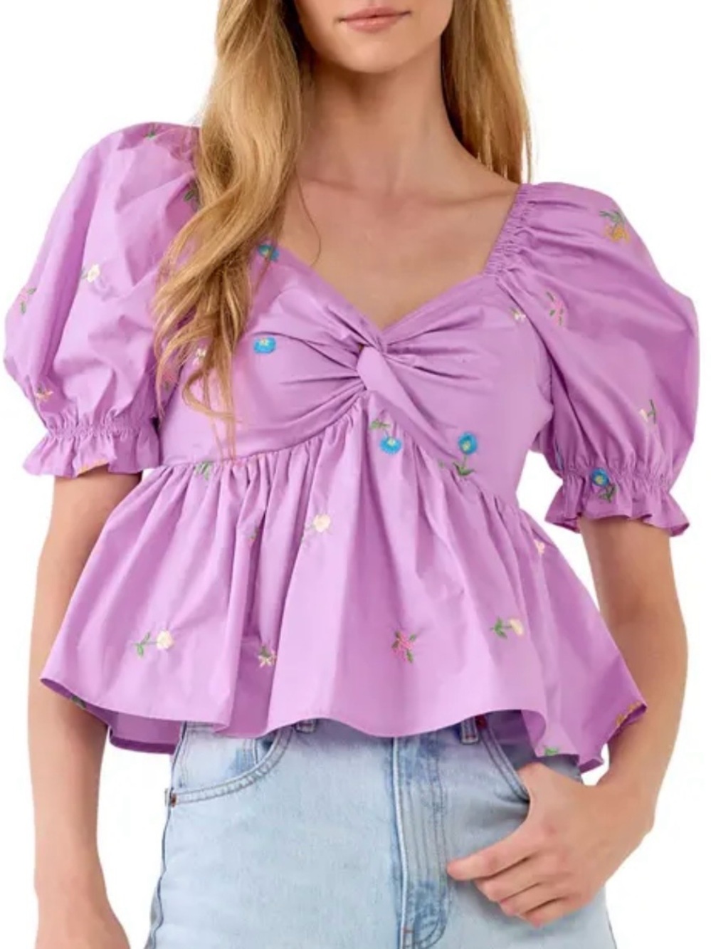 Pink Floral Embroidered Puff Sleeve Babydoll Top